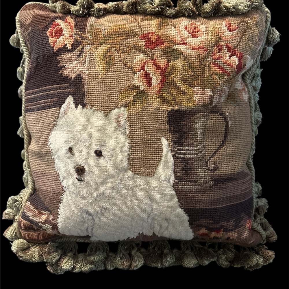 Decorative Needlepoint Pillow with Westie and Floral Design